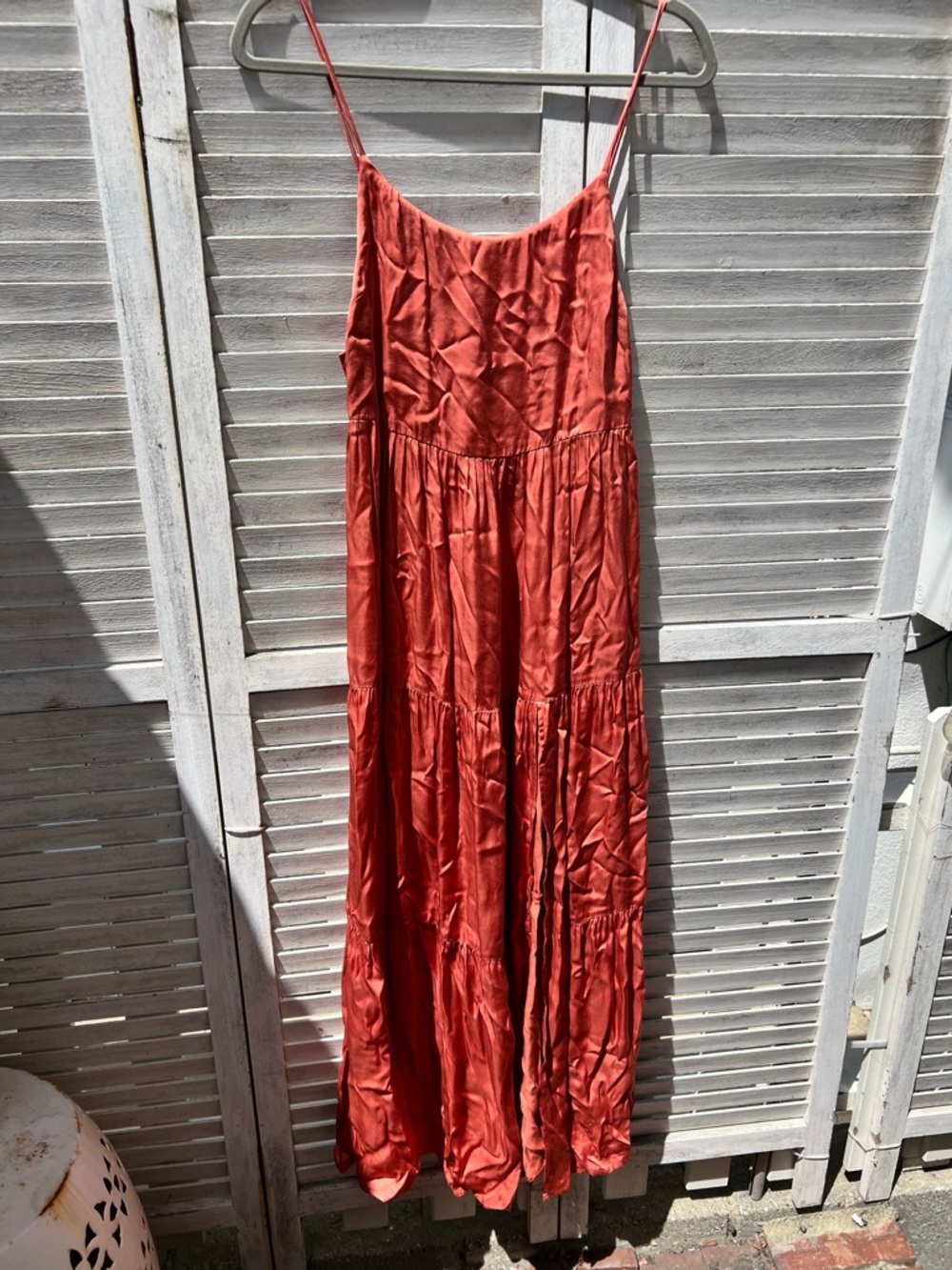 Women's Rust Tiered Slip Midi Dress with Spaghetti Straps